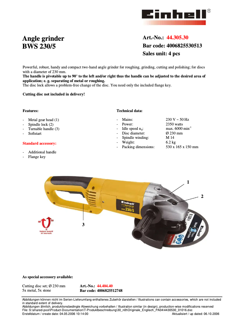 Page 1 de la notice Manuel utilisateur Bavaria by Einhell BWS 230/5