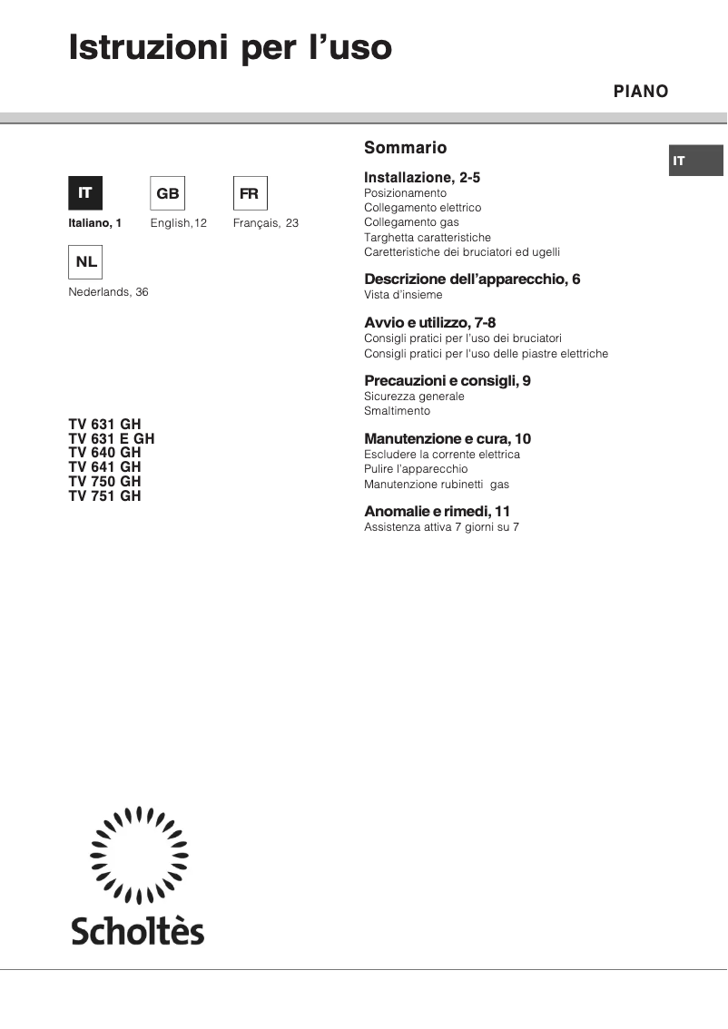Page 1 de la notice Manuel utilisateur Scholtès TV 640 GHMI